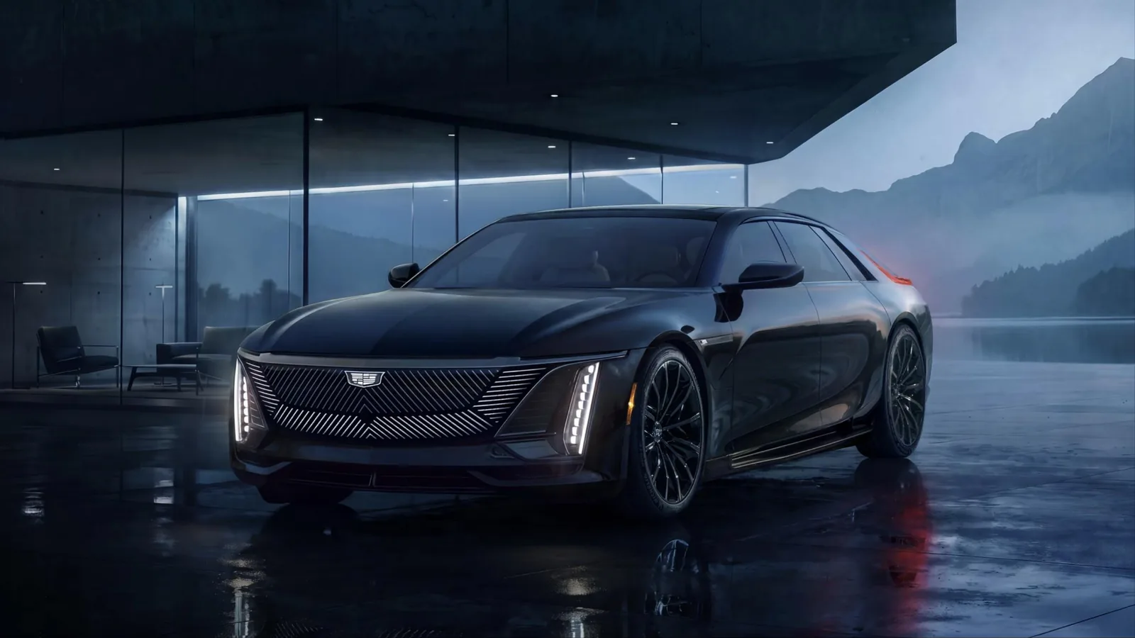 Black 2027 Cadillac Celestiq electric sedan parked on wet stone at dusk beside a glass pavilion and a mountain lake